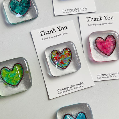Fused glass heart pocket hug token.