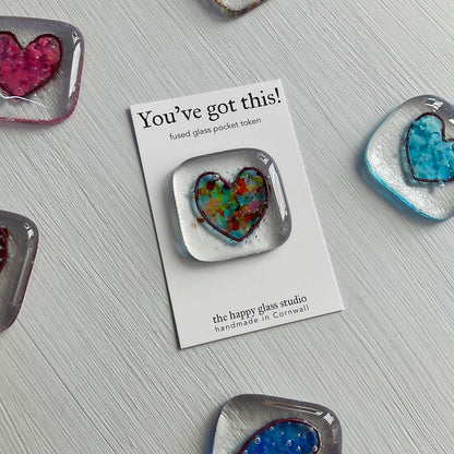 Fused glass heart pocket hug token.